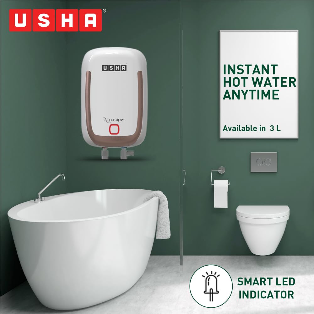 USHA IWH AQUAGLOW 3L 3KW WHITE, With Free Installation and Connection Pipes