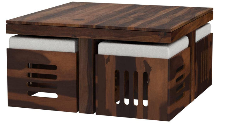 Solid Sheesham Coffee Table 4 Seater with Four Stool for Living Room Center Coffee Table for Bedroom,Cafe, Home