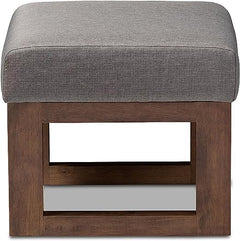 Mid Century Retro Modern Fabric Upholstered Ottoman Stool, Natural Finish Base Grey Cushion