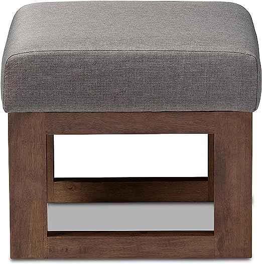 Mid Century Retro Modern Fabric Upholstered Ottoman Stool, Natural Finish Base Grey Cushion