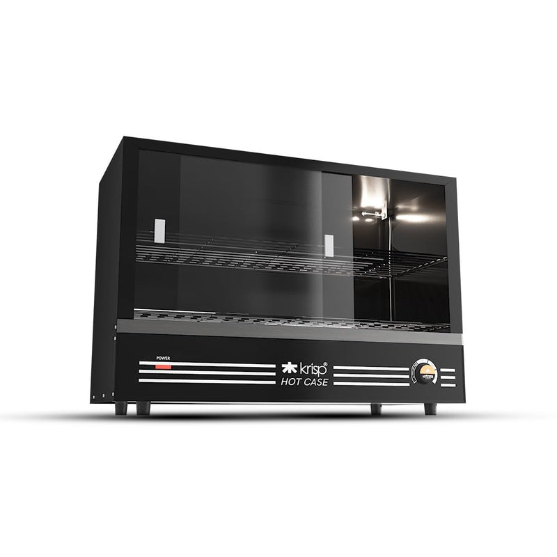 KRISP Electric Patties Hot Case with Sliding Door | Commercial Food Warmer Oven for Bakery, Fast Food Counter | Buffet Oven for Puff Warmer Machine for Shop | 48 Litre Capacity (Black) 700 Watts