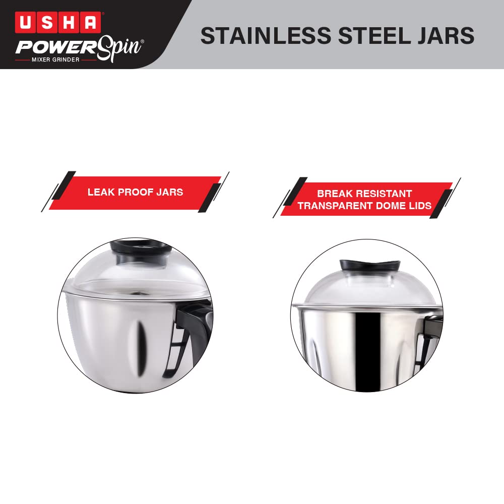 Usha Powerspin 750 Watt Mixer Grinder, 3 Stainless Steel Jars with handle (Maroon & Black) | Powerful 100% copper motor with 2 years Product Warranty & 5 Years Motor Warranty|ISI Certified