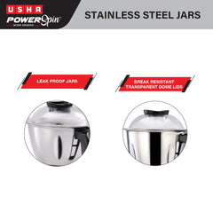 Usha Powerspin 750 Watt Mixer Grinder, 3 Stainless Steel Jars with handle (Maroon & Black) | Powerful 100% copper motor with 2 years Product Warranty & 5 Years Motor Warranty|ISI Certified