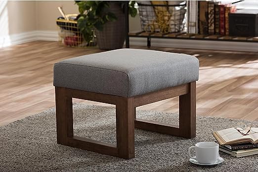 Mid Century Retro Modern Fabric Upholstered Ottoman Stool, Natural Finish Base Grey Cushion