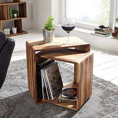 Sheesham Wood Bedside Table for Bedroom, Nested Cube - Set of 2 | Durable and Sturdy End Table | Home Decor Cof