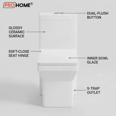 PRO HOME Classic One-Piece Ceramic Toilet – Western Style Floor Mounted Commode with Soft Close Seat, Ideal for Homes, Apartments, and Commercial Spaces (White, Large)