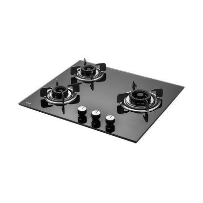 KAFF 3 Burners Built-in Hob/Hobtop For Modular kitchen -8 MM|Auto Electric Ignition Glass Top| Tornado Style Burner, Enamelled Matt Finish, Easy Grip Knobs, Toughened Glass (Black,60CM)