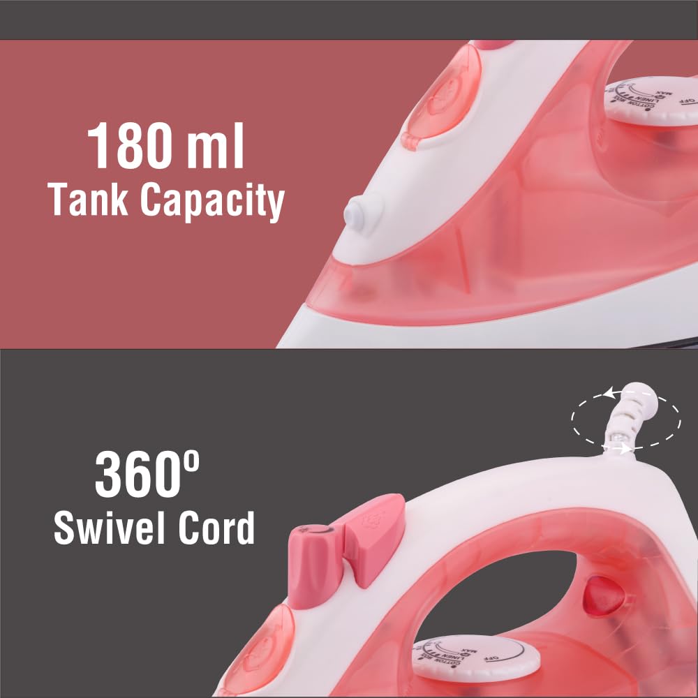 USHA SI 3813 C 1300W Steam Iron with Ceramic Coated Sole Plate, Self Cleaning, 180ml Water Tank, 360° Swivel Cord, Spray & Steam Burst Function – 2 Year Warranty (Pink)