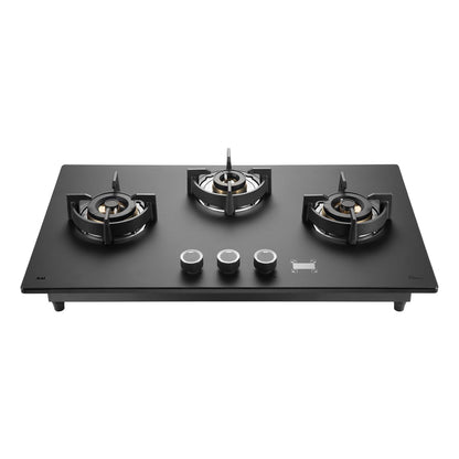 KAFF PRESTON PRS 783 Built-in Hob/Hobtop 3 Burners with Digital Timer, Auto Electric Ignition Glass Top, 78 CM, Full Brass Burners with Flame Failure Device, Metal Knobs (Black)