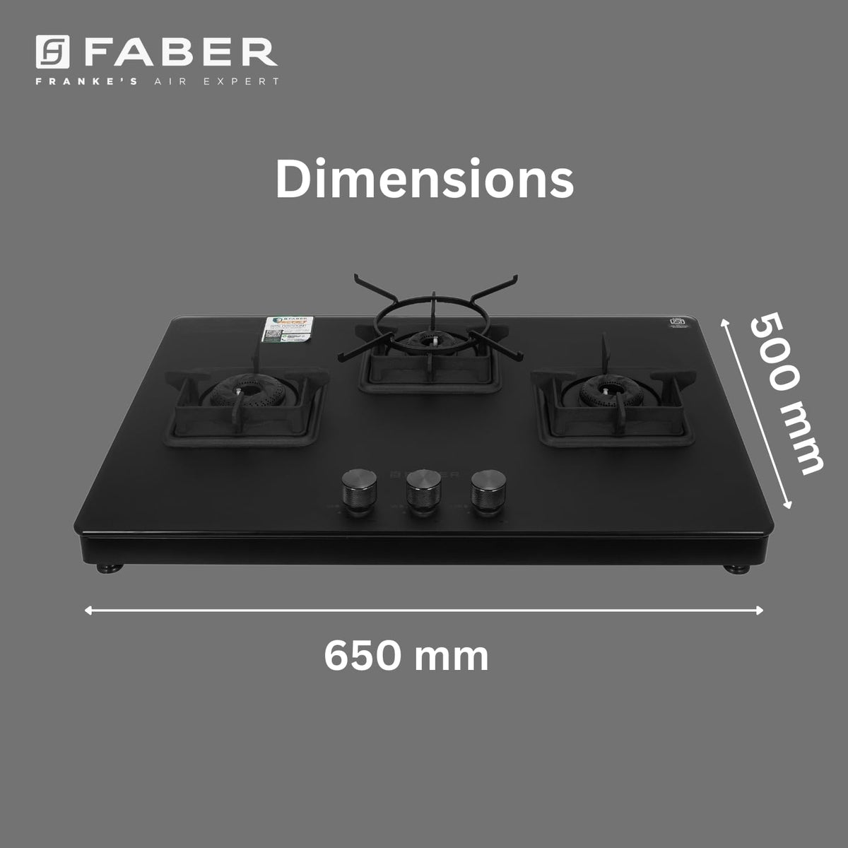 Faber Evoke 3 Burner 65Cm Cooktop |Auto Ignition| |Metal Knobs| MS Diamond coated Pan Support | Matt Black Glass Finish 
