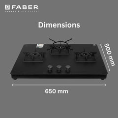 Faber Evoke 3 Burner 65Cm Cooktop |Auto Ignition| |Metal Knobs| MS Diamond coated Pan Support | Matt Black Glass Finish 