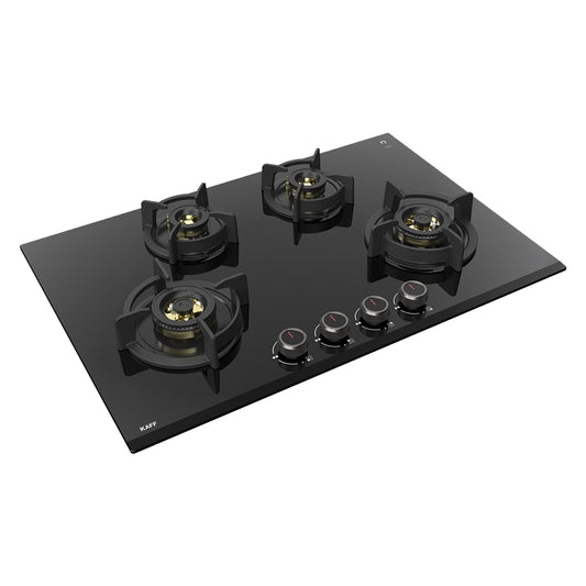 KAFF ASHFORD Built-in Hob/Hobtop 4 Burners | Auto Electric Ignition Glass Top, 78 CM | Full Brass Burners with all Flame Failure Device | 8 MM Thick Tempered Glass Black | ASF784