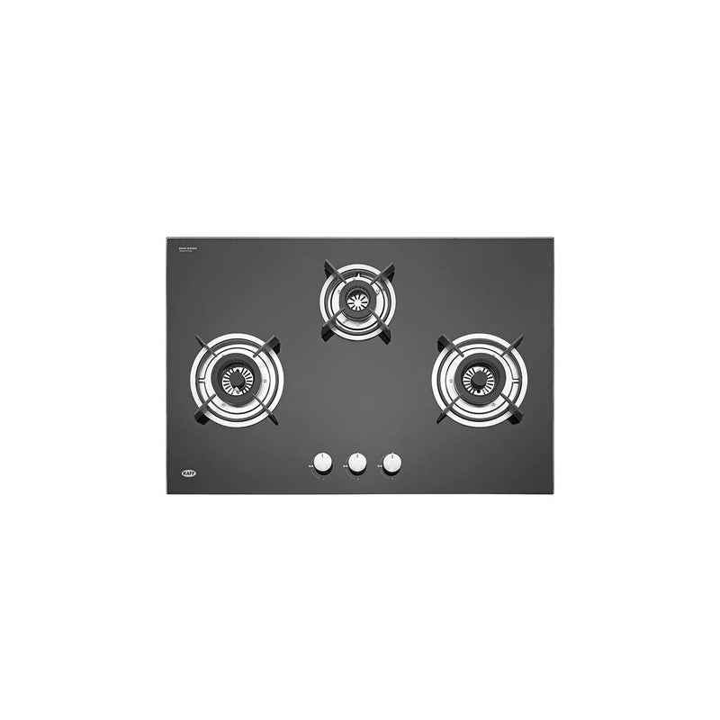 KAFF HBR 783 Built-in Hob/Hobtop 3 Burners, Auto Electric Ignition Glass Top, 78 CM, Powerful Brass Burners, 8 MM Thick Toughened Glass, Enamelled Matt Grills (Black)