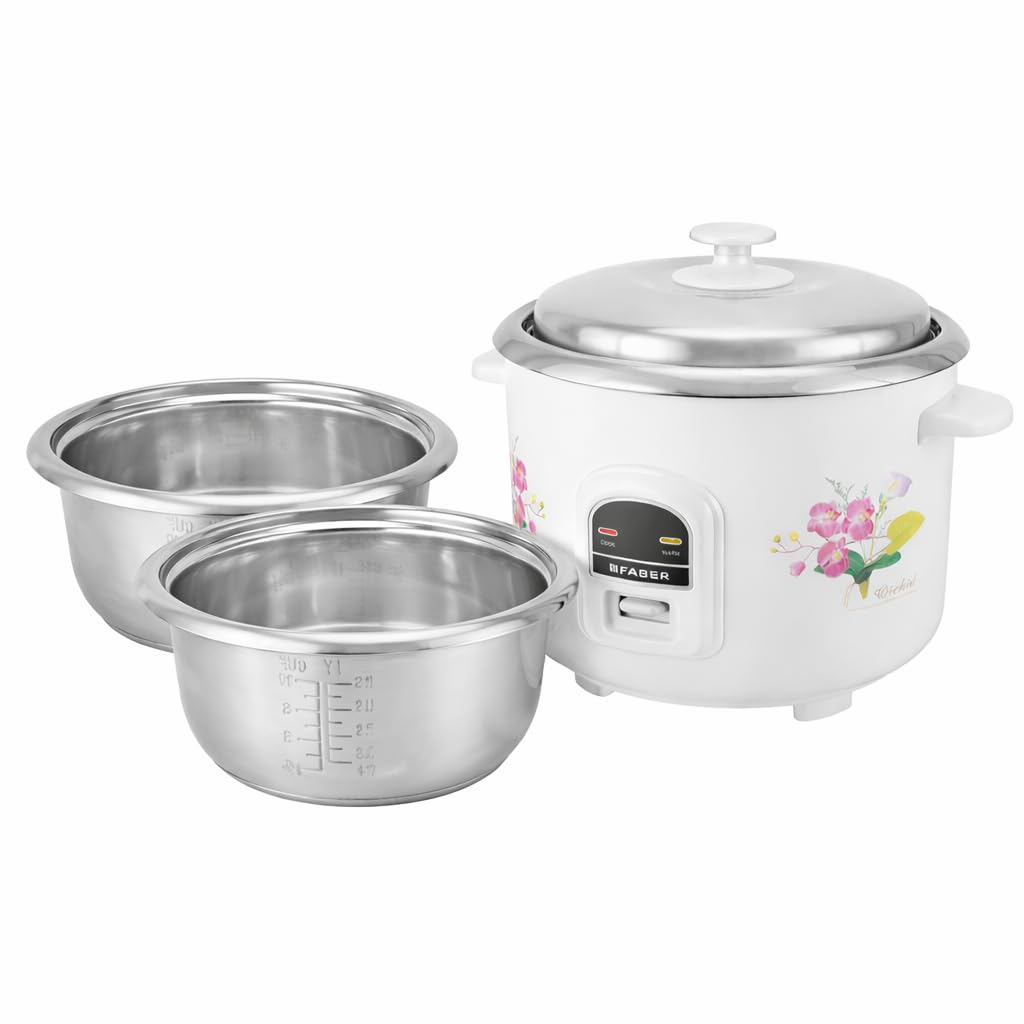 Faber 1.8L Rice Cooker|700watts|2 Stainless Steel Pot|Cool&Warm Mode|Floral White Finish| 2yrs Warranty on Product & 5yr