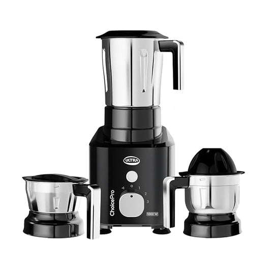 Ultra Choice Pro Mixer Grinder - Black | Fast & Heavy-Duty 1000W High Torque Motor with 5 Years Warranty | AISI 304 Food-Grade 3 SS Jar, 3 Speed Regular + Pulse