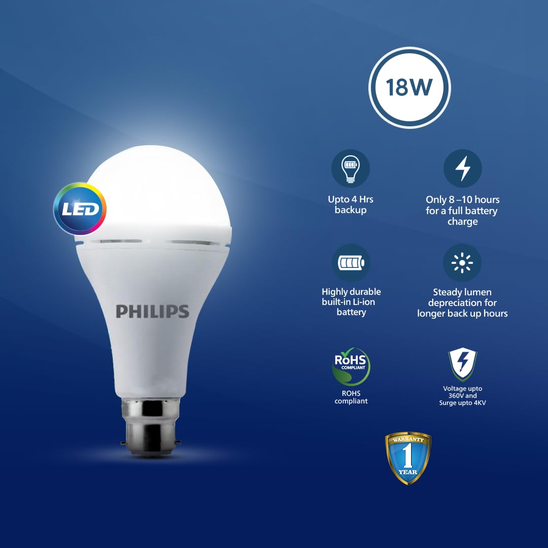 Philips 18W B22 LED Emergency Inverter Bulb (Crystal White, Pack of 1) (B09NNHB7D3)