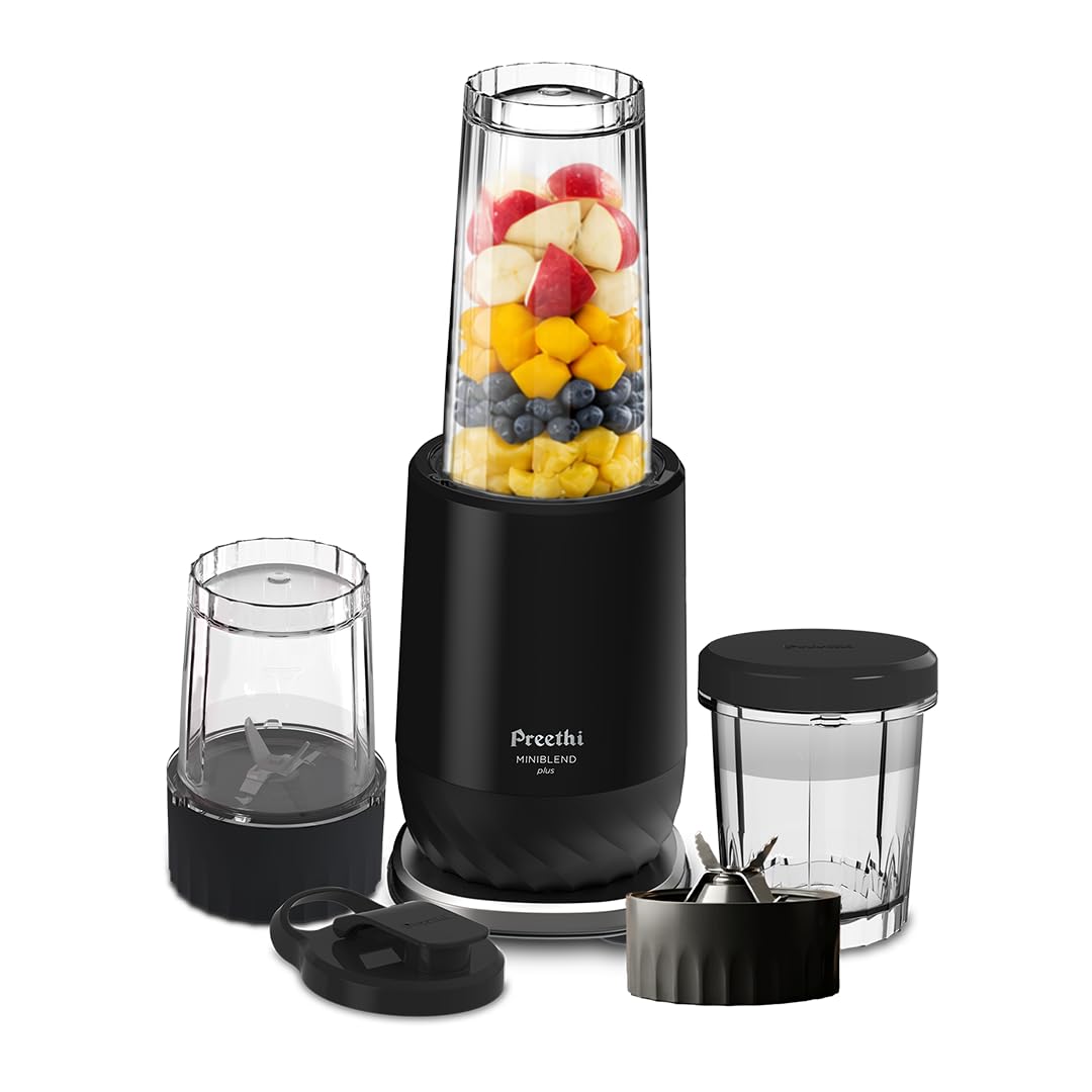 Preethi MiniBlend 300W Plastic Blender Mixer Grinder with 2 Jars, Razor Sharp Blades, for Smoothies, Purees, and Baby Food, Black