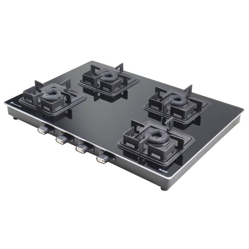 KAFF Cooktop 4 Burners 69 CM, Black Coated Brass Burners, Slim Line Design, Decorative SS Moulded Strip on All Sides for Edge Protection Integrated Flame Protector Black | CTQ694B