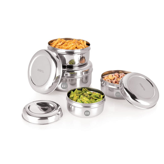 MARU Fridge Storage Containers Stainless Steel set of 4 ((250ml, 450ml, 600ml, 850ml) - Small Round Airtight Food Storage Container, Multipurpose Kitchen Boxes for Leftovers Food, Roti, Chapati & Atta
