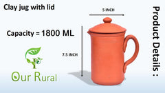 Clay jug for wateClay Water Pot with lid Pitcher Carafe(1500 ML)