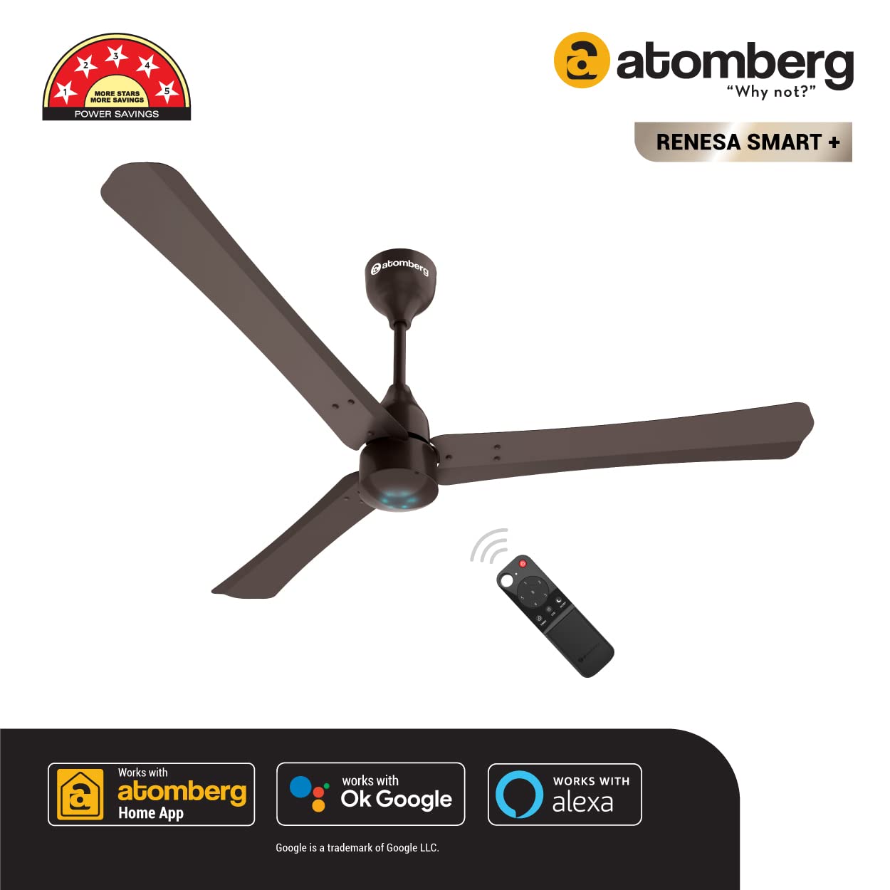 atomberg Renesa Smart + 1200mm BLDC Ceiling Fan with IoT & Remote | Energy Efficient Ceiling Fan | Ceiling fan for Living Room | High Air Delivery with LED Indicators (Earth Brown)