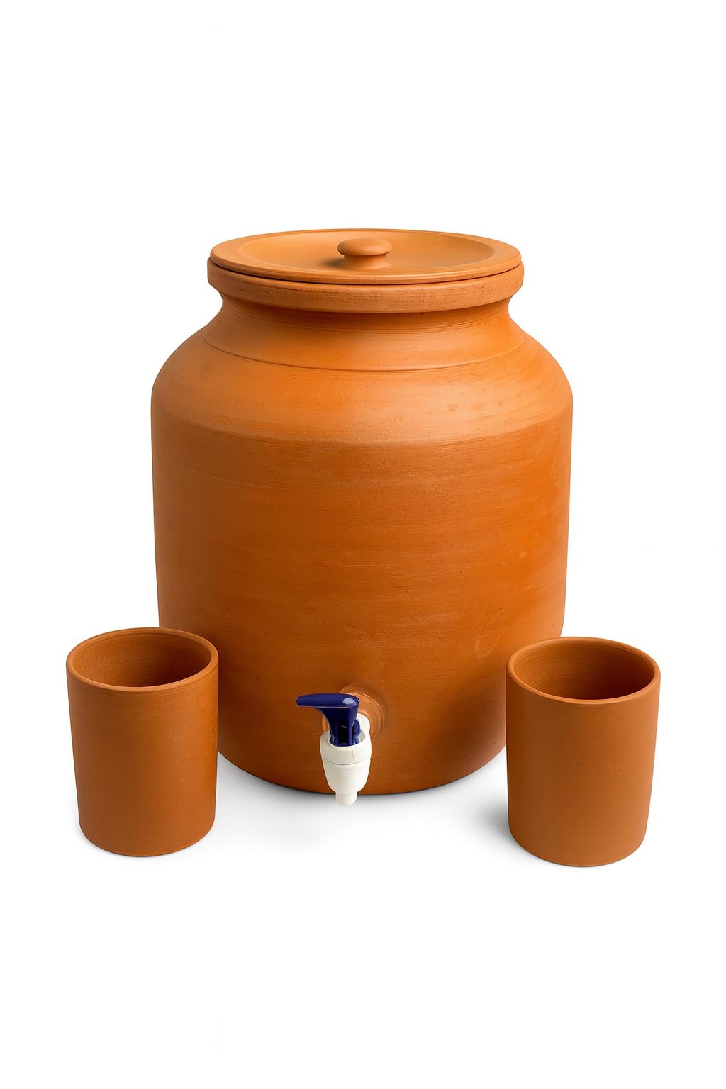 Clay Water Camper with 2 Glass Containers, Traditional Matka Style Earthen Dispenser, Handmade Natural Clay Pot for Drinking Water, Cool Water Storage Jug for Home, Kitchen (10, litres)