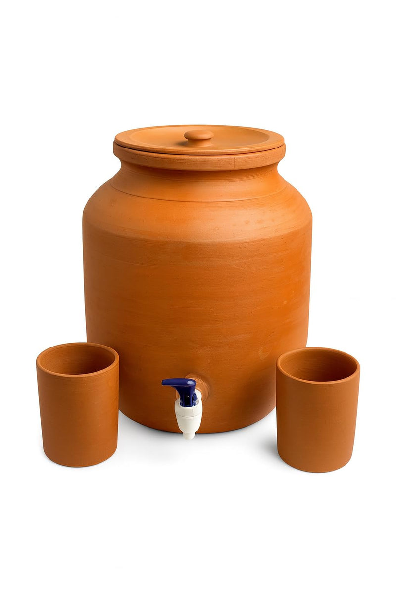 Clay Water Camper with 2 Glass Containers, Traditional Matka Style Earthen Dispenser, Handmade Natural Clay Pot for Drinking Water, Cool Water Storage Jug for Home, Kitchen (10, litres)