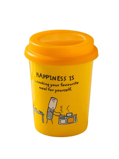 Clay Craft Happiness is Fine Ceramic Portable Travel Mug with Leak Proof Lid - Reusable Coffee Cup with Lid for Hot/Cold Drinks - 350 ml - Set of 2 (Yellow)