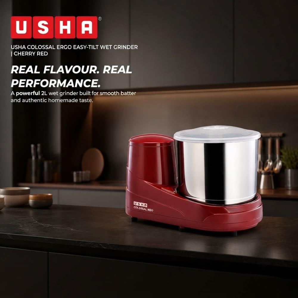 USHA Colossal Neo 2 litres Table-Top Wet Grinder, 150W 100% Copper Motor, Dual Stones, Stainless Steel Drum, 10 Years Warranty on Motor, Free Home Service (Cherry Red)