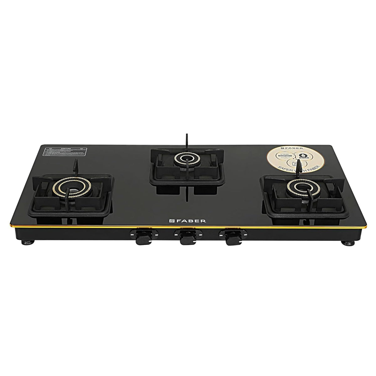 Faber Stylish 3 Brass Burners 77cm Sleek Cooktop |Manual Ignition|MS Powder Coated Pan Support|Black Glass Finish|5 Yrs 