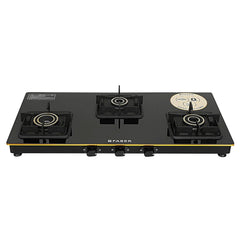 Faber Stylish 3 Brass Burners 77cm Sleek Cooktop |Manual Ignition|MS Powder Coated Pan Support|Black Glass Finish|5 Yrs 