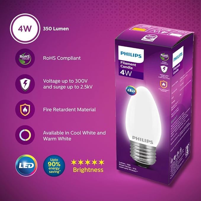 Philips 4 Watt 400-Lumen LED Clear Candle E27 Base (Cool White) - Decorative, Ambience for Chandeliers