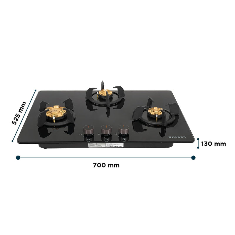 Faber 3 Burner 70Cm HOB |Auto Ignition | HOB PRIME HT703 CRS BR CI AI |Metal Knobs| Cast Iron Pan Support |HOB/Cooktop H