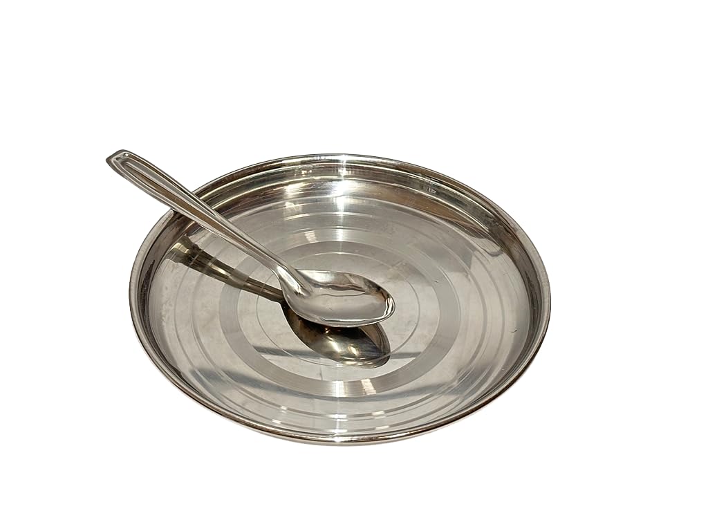 Dynore Stainless Steel Breakfast Plates 6 with 6 Spoons- Set of 12 Pcs | Quarter Plates | High Grade Tiffin Plates | Small Nashta Plate | Steel Plates for Kids Snacks Plates (Dia 17.5 cm)