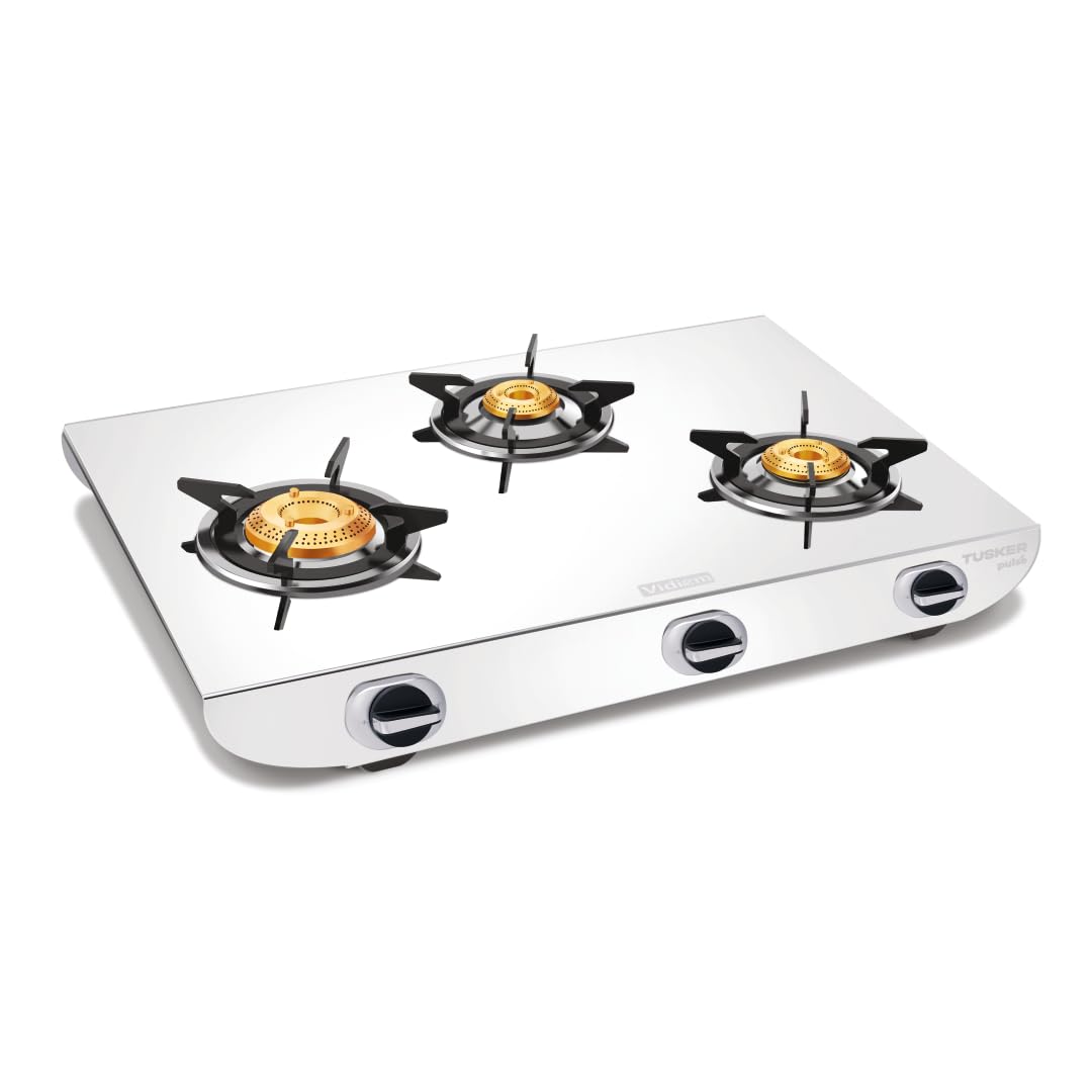 Vidiem Tusker Pulse Stainless Steel 3 Burner Gas Stove with Brass Burners, Auto Ignition Gas Stove, High Gloss Finish, L