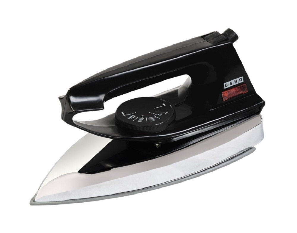 USHA Aluminium Usha 2801 750Watt Dry Iron Metal Body | Linished Soleplate | Thermal Safety Fuse | 180° Swivel Cord | 1 Years Warranty | (Black), 750 Watts