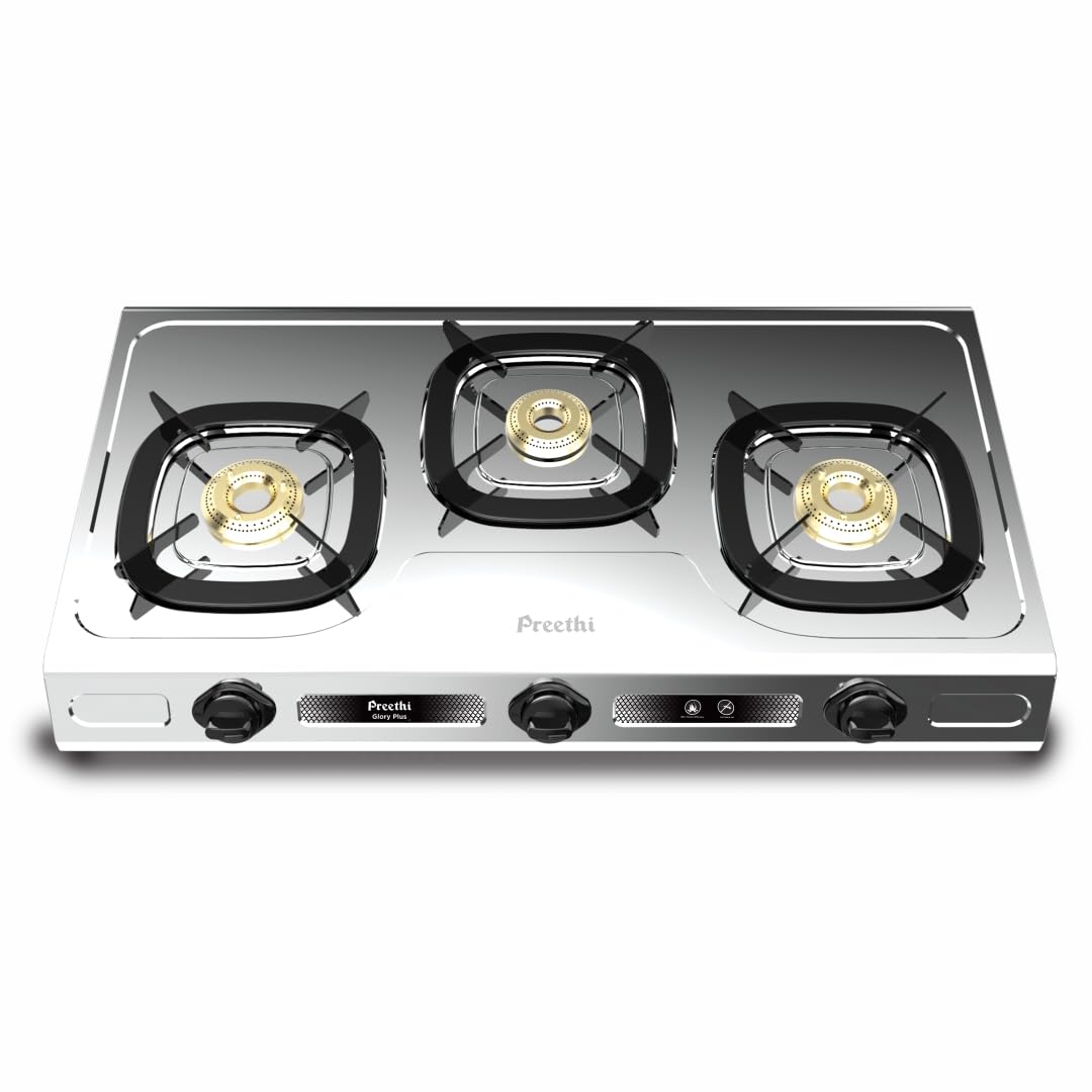 Preethi Stylo Steel 3 Burner Gas Stove |Curved & Sleek design| Heavy Brass Burner| Ant Guard Jet | Removable Drip Tray