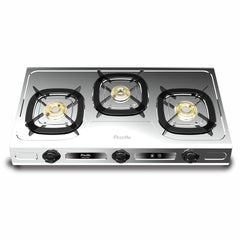 Preethi Stylo Steel 3 Burner Gas Stove |Curved & Sleek design| Heavy Brass Burner| Ant Guard Jet | Removable Drip Tray