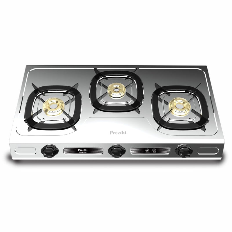 Preethi Stylo Steel 3 Burner Gas Stove |Curved & Sleek design| Heavy Brass Burner| Ant Guard Jet | Removable Drip Tray