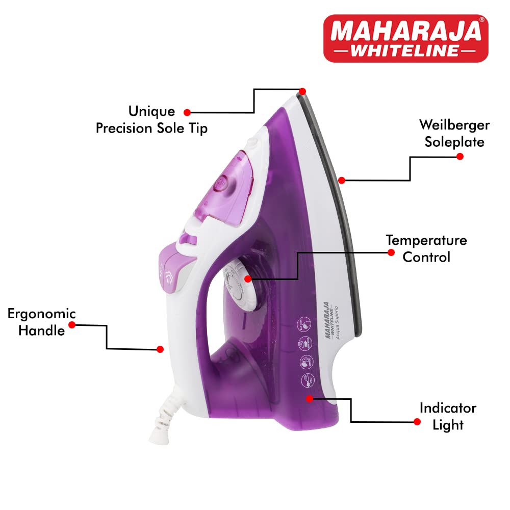 Maharaja Whiteline Acqua Superio Steam Iron with Over Heat Safety Protection, 1600W (Purple & White)