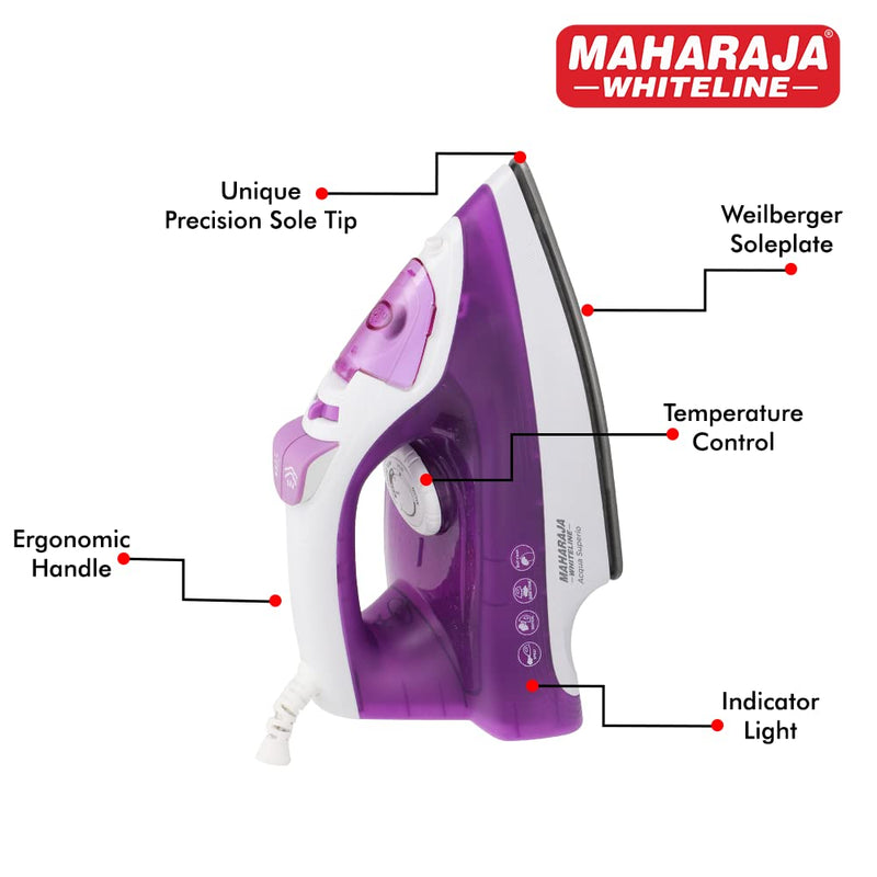 Maharaja Whiteline Acqua Superio Steam Iron with Over Heat Safety Protection, 1600W (Purple & White)