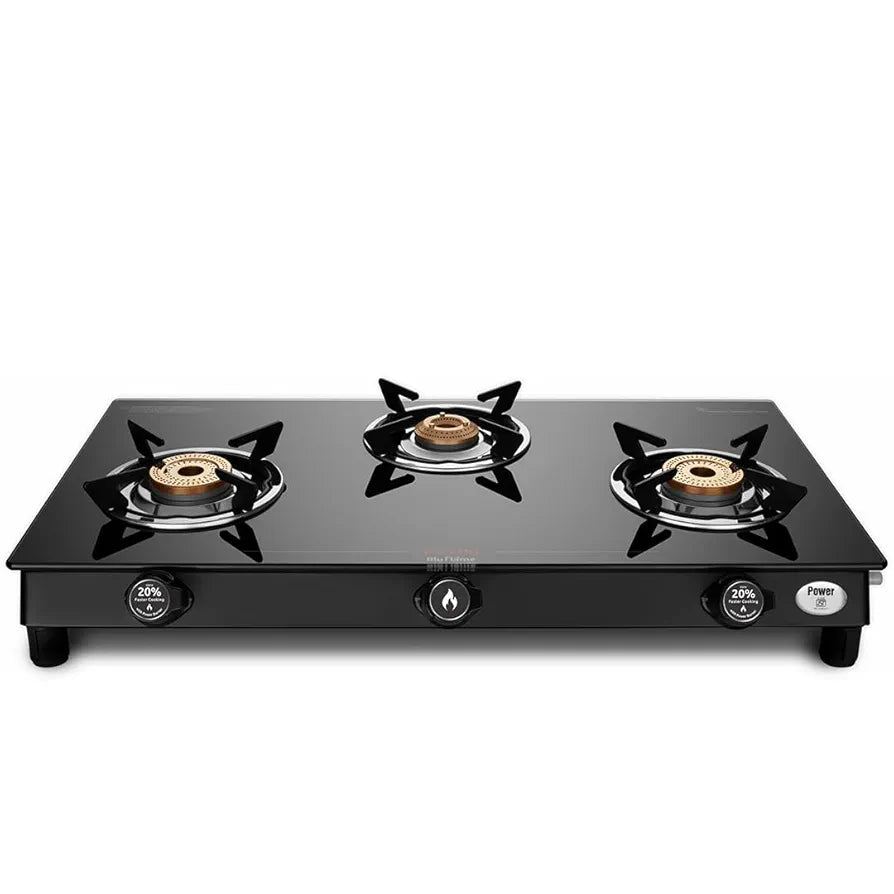 Preethi Bluflame Sparkle Power Duo 3 Burner Glass top Gas Stove with Power Burner and Swirl flame technology, saves gas and cooks faster, Manual Ignition, Black