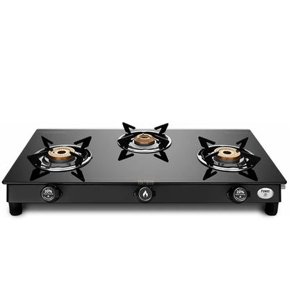 Preethi Bluflame Sparkle Power Duo 3 Burner Glass top Gas Stove with Power Burner and Swirl flame technology, saves gas and cooks faster, Manual Ignition, Black