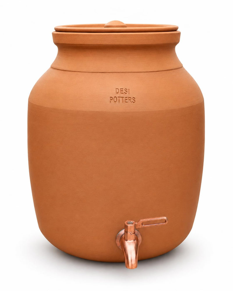 Desi Potters Handmade Clay Water Dispenser with Metal Tap | Naturally Cools Water Without Electricity | 100% Natural Handmade Terracotta Clay | Eco-Friendly & Plastic-Free .