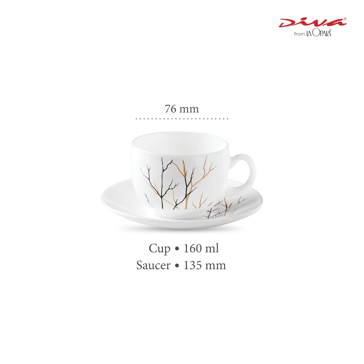 La Opala Diva, Opal Glass Crockery | Cup & Saucer Iris Regular, Set of 12 | Golden Fall, 160 ml | for Tea & Coffee | Microwave Safe | 100% Vegetarian | Extra Strong | Super Light | Super White