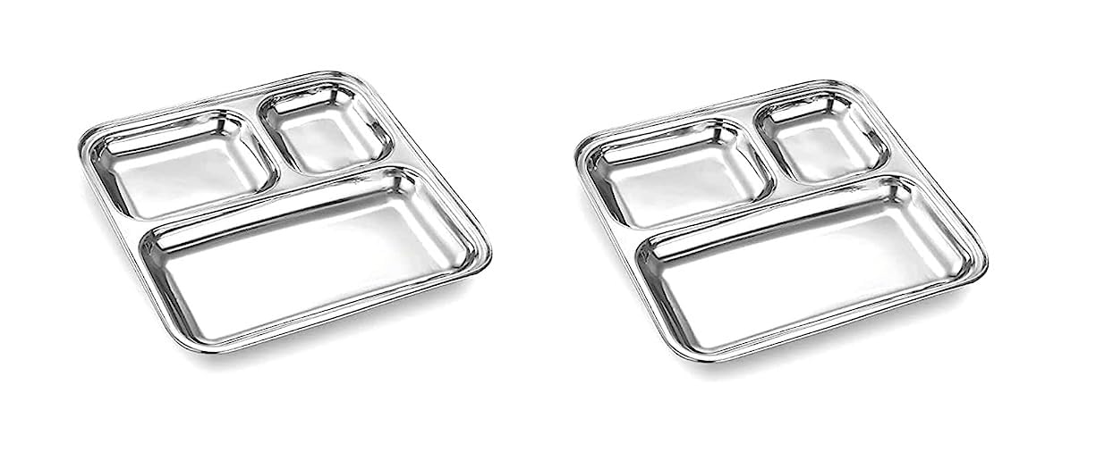Dynore Stainless Steel 3 in 1 Pav Bhaji/Partition Plate/Snacks Plate- Set of 2