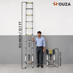 HOUZA 3.9m (13 ft) Steel Telescopic Ladder | 10-Step Foldable Extension Ladder | Portable & Collapsible Ladder for Home, Industrial & Outdoor Use | EN131 Certified | 1 Year Warranty(Silver & Black)