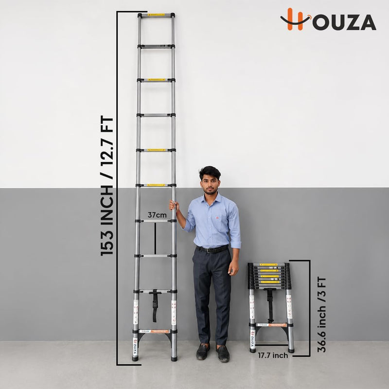 HOUZA 3.9m (13 ft) Steel Telescopic Ladder | 10-Step Foldable Extension Ladder | Portable & Collapsible Ladder for Home, Industrial & Outdoor Use | EN131 Certified | 1 Year Warranty(Silver & Black)