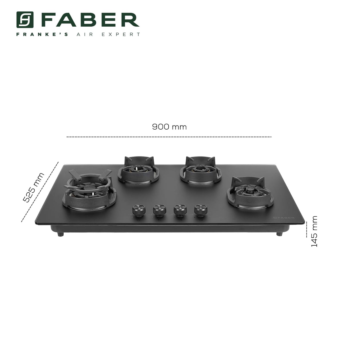 Faber Della 4 Burner 90cm Hob With Auto-Ignition, Brass Burner, Cast Iron Pan Support, Cooktop Hybrid, Matt Black Glass 