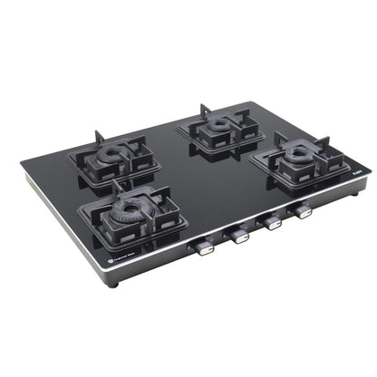 KAFF Cooktop 4 Burners 69 CM, Black Coated Brass Burners, Slim Line Design, Decorative SS Moulded Strip on All Sides for Edge Protection Integrated Flame Protector Black | CTQ694B